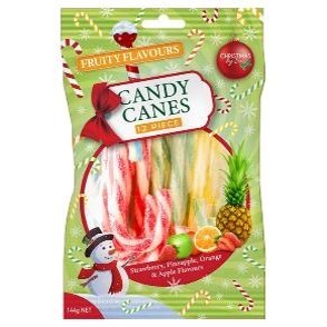 23X1, 265473, Candy Cane Fruity Flavours 12pk 12g Each Strawberry (Red & White), Pineapple (Yellow & White), Orange (Orange & White) & Apple (Green & White)