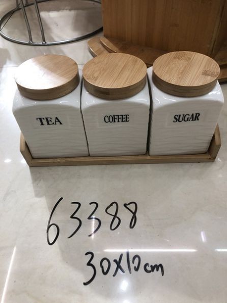 63388, tea coffee sugar jar set D10cm white