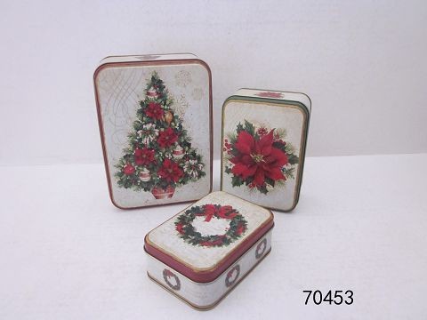 70453, Xmas Rectangular Metal Tins 3pc Set 19/14.2/12cm
