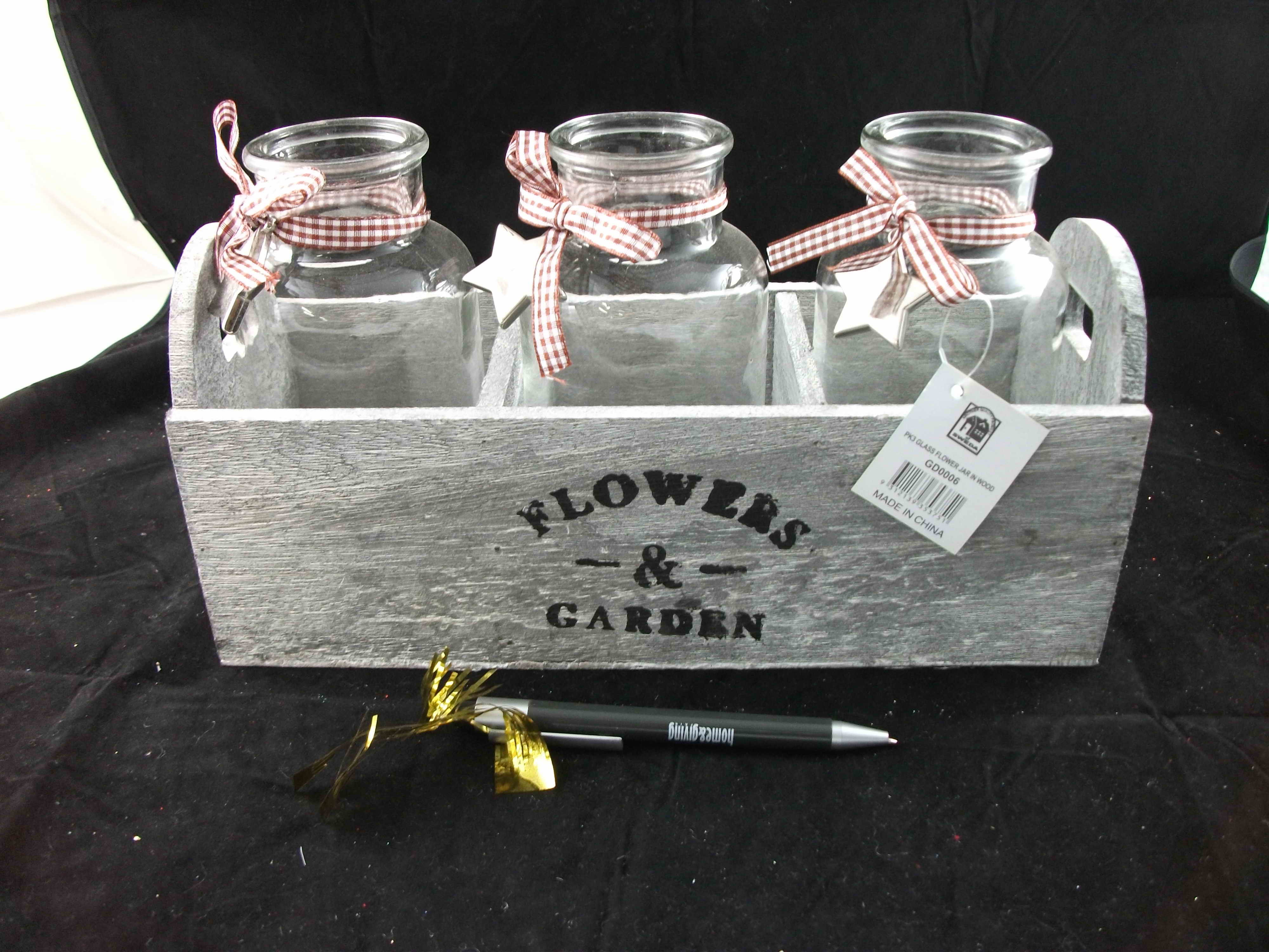 SET 3 GLASS FLOWER JAR IN WOOD