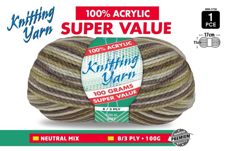 WIN-1730, 1Pce Knitting Yarn-8 Ply-100G-NeutralMix
