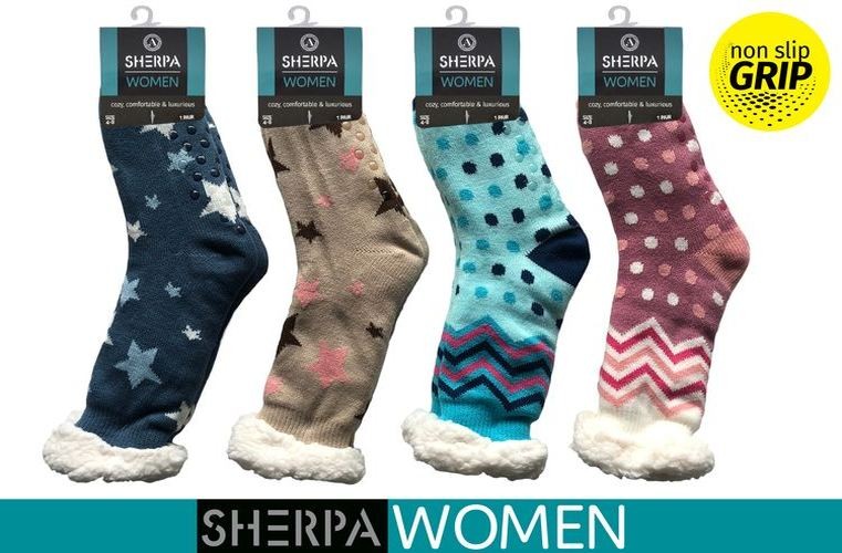 WIN-1868, 1Pr Ladies Knitted SherpaSocks DotsStars