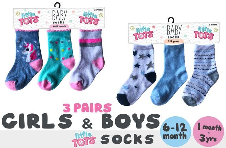 WIN-1945, 3Pair Baby Crew Socks (6-12m) (1-3 yr)