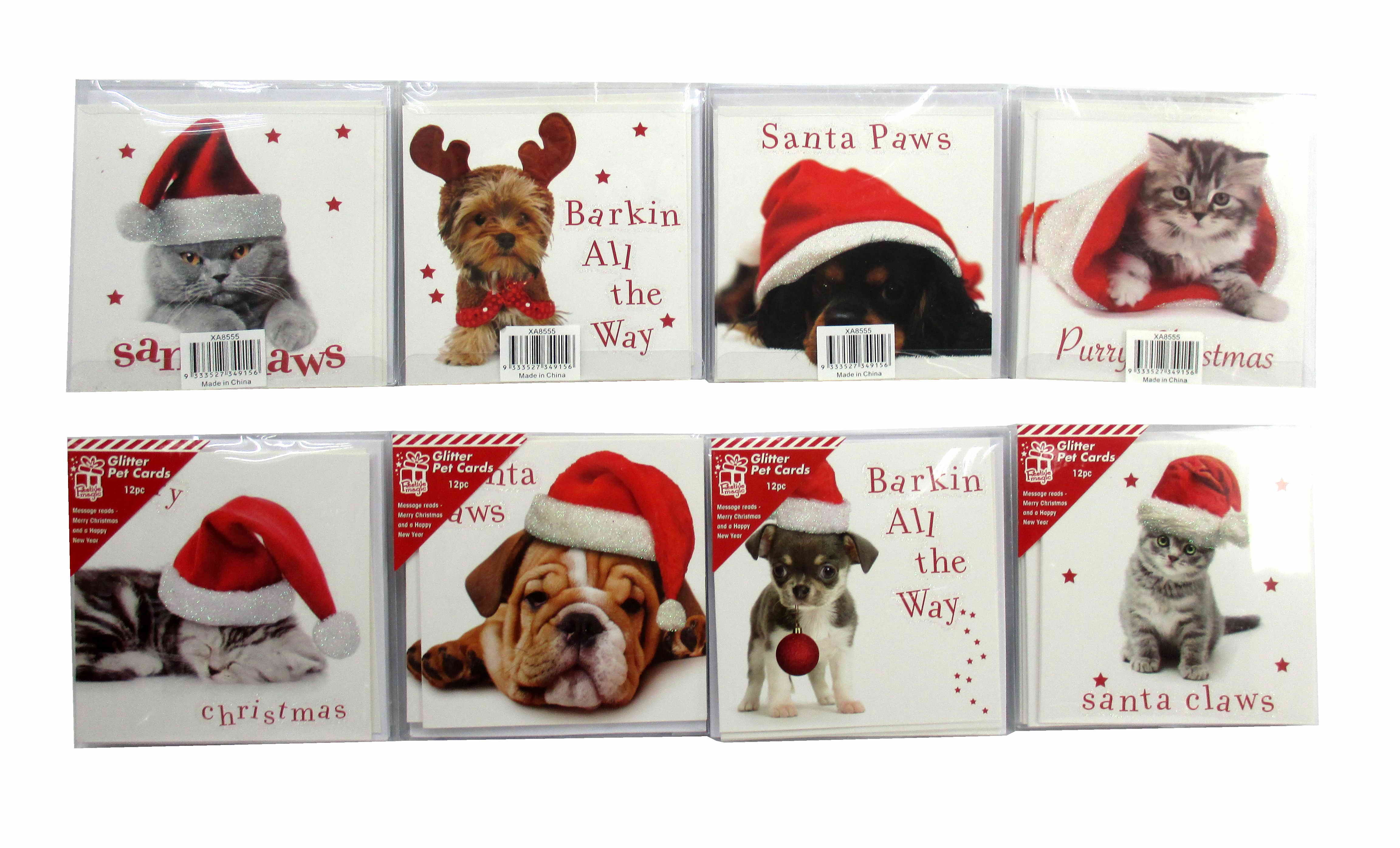  XMAS PET CARDS 12pc SQ GLITTER 4ASST 