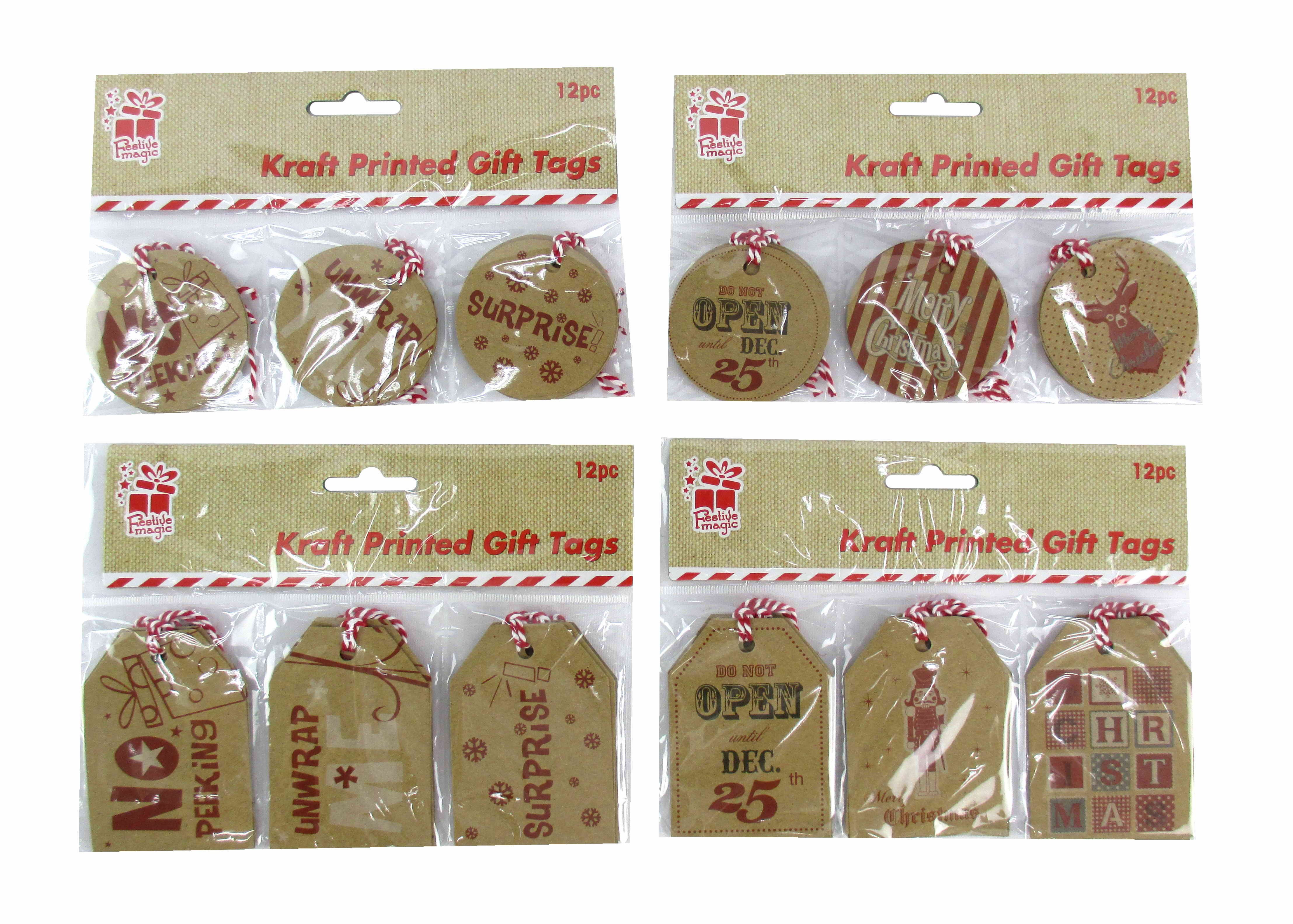  KRAFT GIFTTAGS 12pc RECT/RND PRINTED 