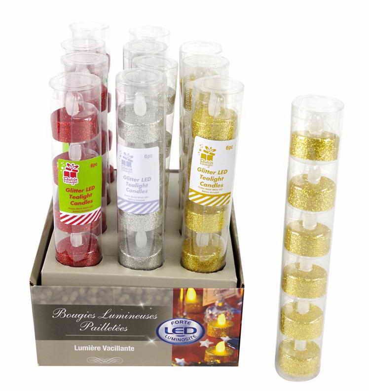 LED T/LITE 6pc CYLINDER GLITT PDQ