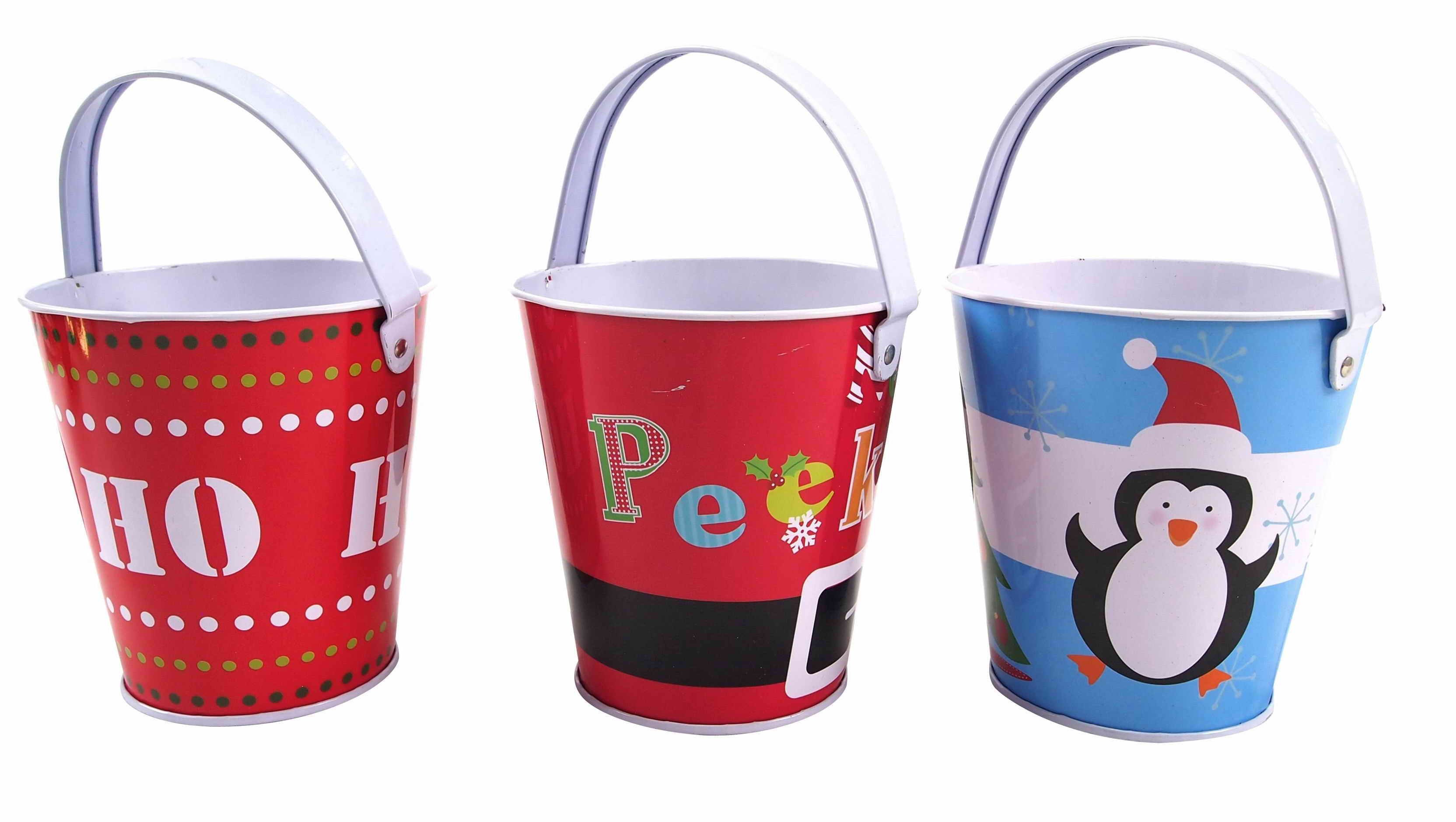  XMAS TIN CANDY BUCKET W/HDL 3ASST 