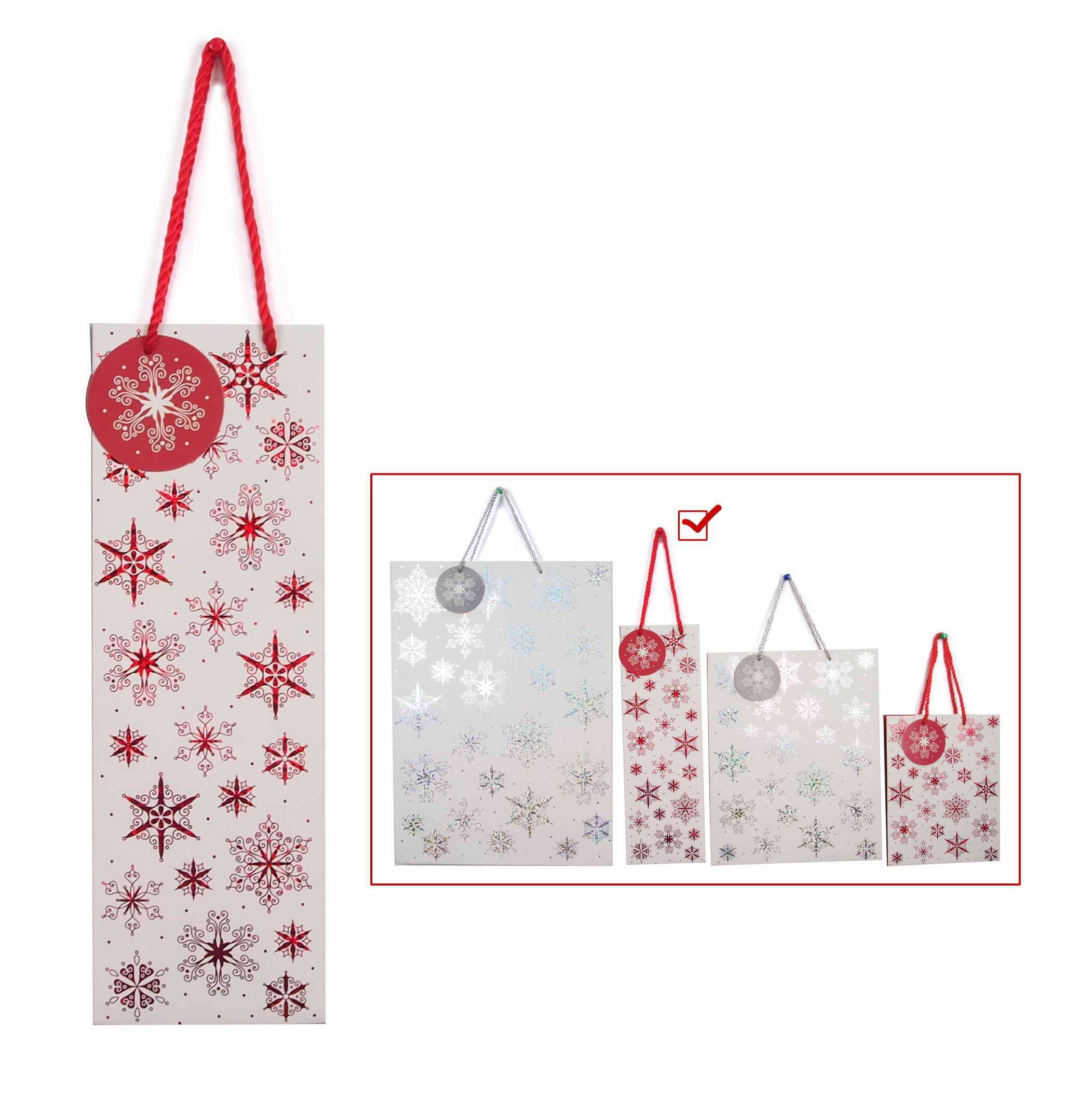  BOTTLE BAG SNOWFLAKES/STARS FOIL RED/SILVER 