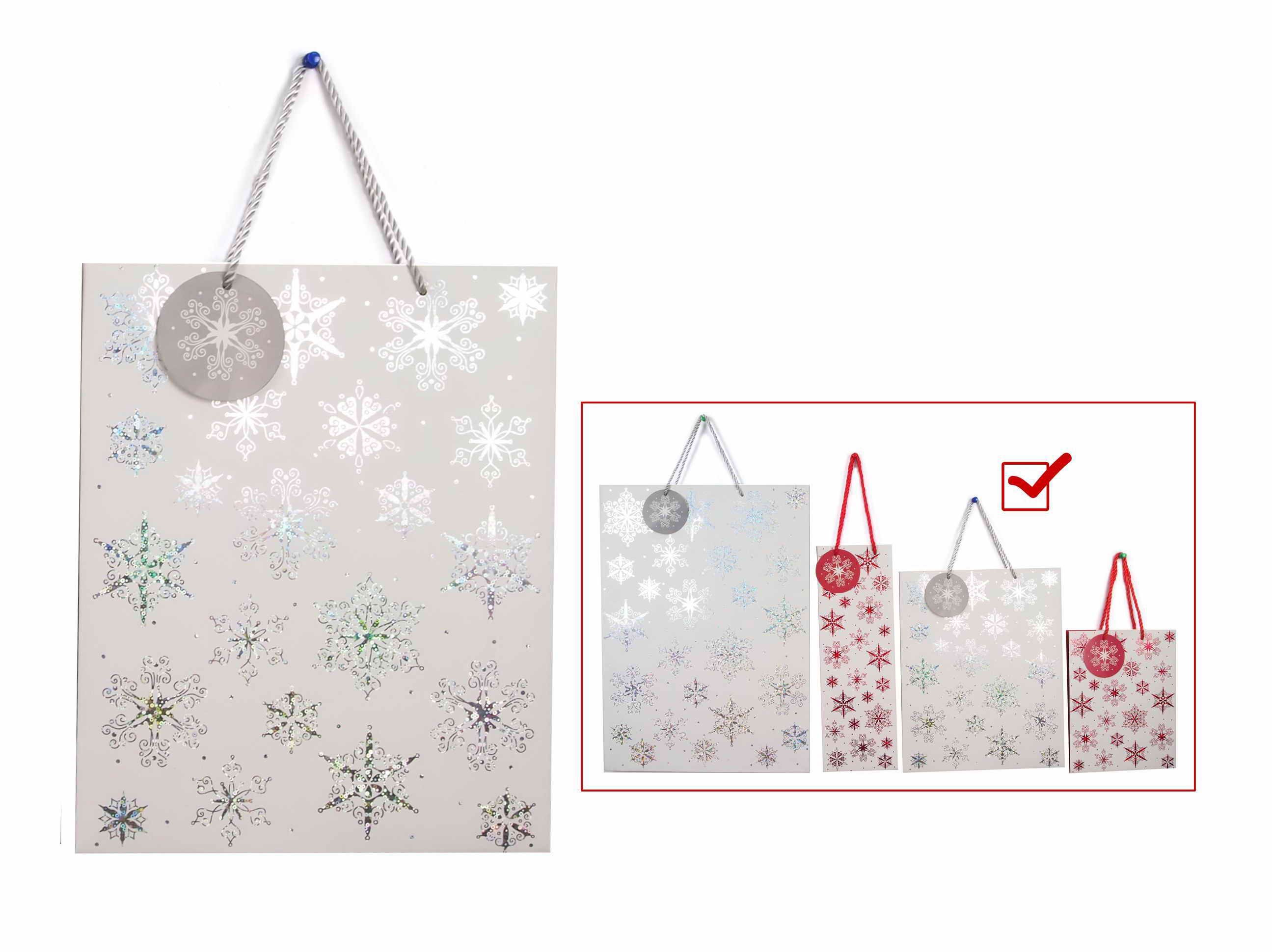  GIFTBAG SNOWFLAKES/STARS FOIL RED/SILVER M 
