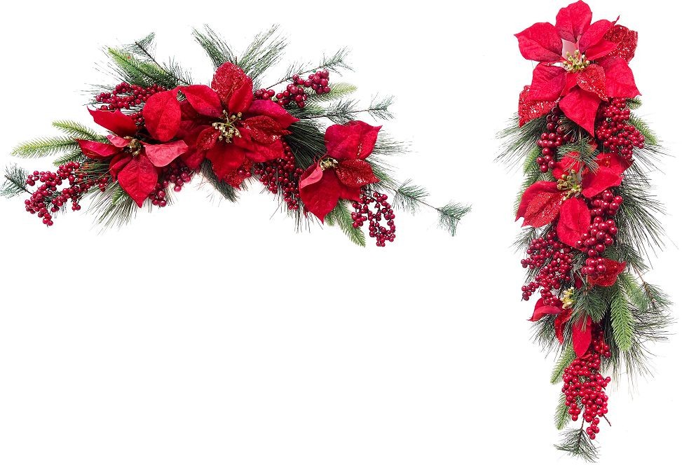 19X24, XB0030, BERRY GLITTER POINSETTIA SWAG 2ASST