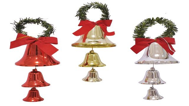 22X16, XB0857, SHINY BELLS 3PC + BOW TINSEL HANGER