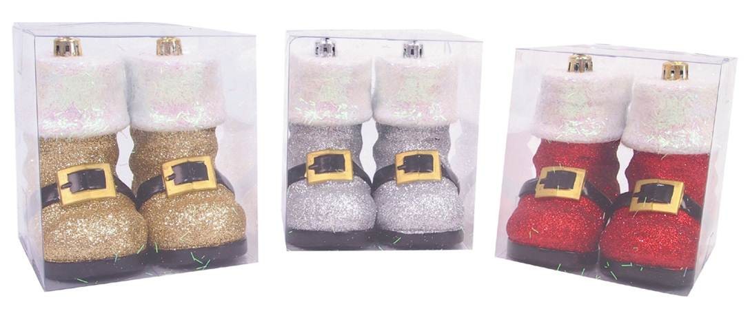 GLITTER HANGING BOOTS 2PC TINSEL TRIM