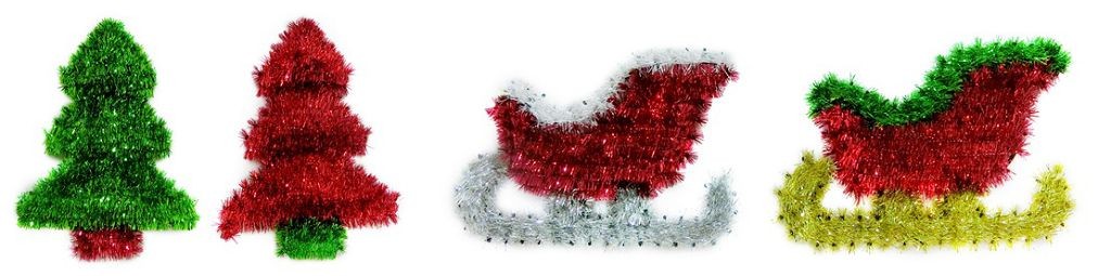 X21, XB2768, TINSEL DECO TREE & SLEIGH 4ASST