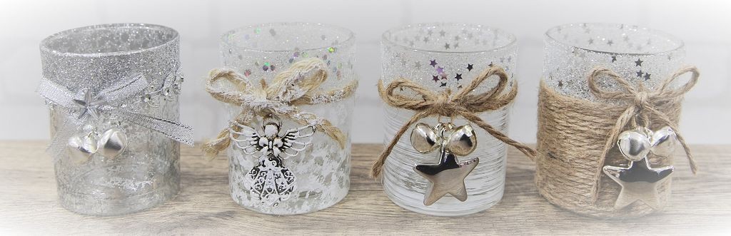 X5, XB3132, CANDLE HOLDER GLITTER GLASS W/TIE