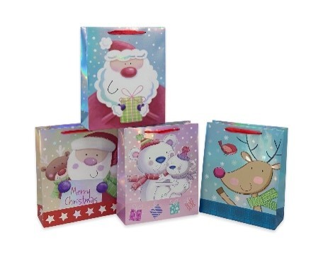 23X40, XMS34814, CUTE IRIDECENT XMAS GIFT BAG XLRG 42X31X12CM 4 ASST