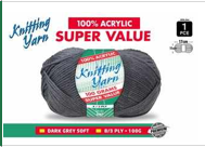 WIN-044, 1pce Knitting Yarn-8 Ply-100g-Dark Grey