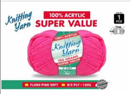WIN-054, 1pce Knitting Yarn-8 Ply-100g-Fluro Pink