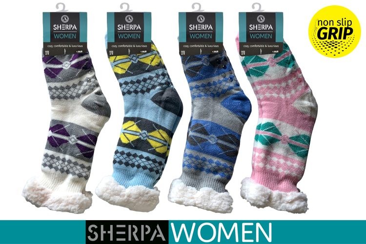 WIN-1439, 1Pr Ladies Knitted Sherpa Socks Aztec