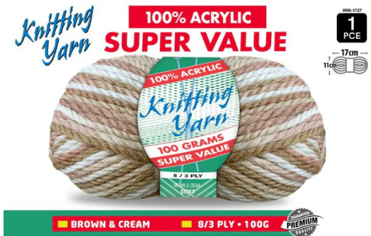 WIN-1727, 1Pce Knitting Yarn 8 Ply 100g - Brown Cream
