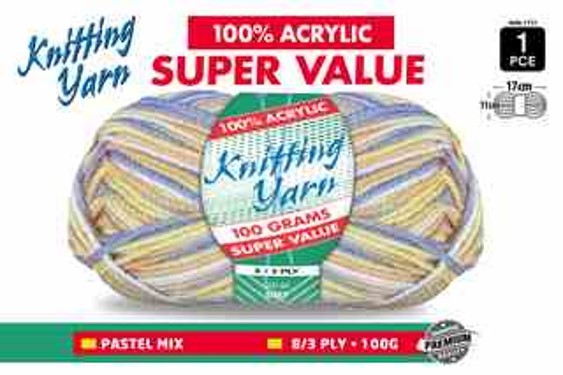 WIN-1731, 1Pce Knitting Yarn-8 Ply-100G-Pastel Mix