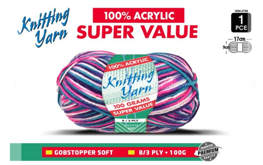 WIN-2709,Yatsal 100% Acrylic 8-Ply Knitting Yarn 100 g, GOBSTOPPER